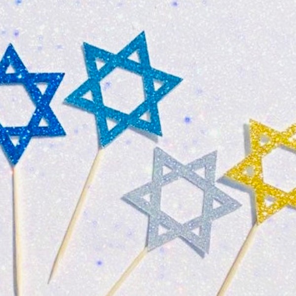 Star of David Glitter Cupcake Topper, Bar Bat Mitzvah Cupcake Picks, Jewish Star Toppers, Star Bar Mitzvah Cupcake Decor, Glitter Gold Stars