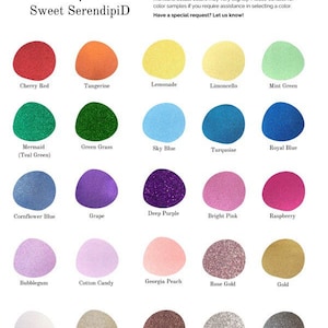May include: Color chart showing 18 different glitter cardstock colors. The colors are arranged in a grid of 5 rows and 4 columns. The colors include cherry red, tangerine, lemonade, limoncello, mint green, mermaid (teal green), green grass, sky blue, turquoise, royal blue, cornflower blue, grape, deep purple, bright pink, raspberry, bubblegum, cotton candy, georgia peach, rose gold, gold, snow (white), champagne, espresso, silver, and steel (black).