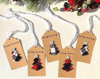Christmas Tree Gift Tags, Holiday Tags, Plaid Christmas Tree Tag, Holiday Gift Wrap, Dimensional Gift Tag, Buffalo Check Christmas Tree Tags