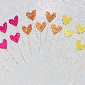 Heart Glitter Cupcake Topper, Gold Glitter Engagement Heart Cupcake Topper, Wedding Heart Picks, Bridal Shower Mini Heart Pick Decor, Heart