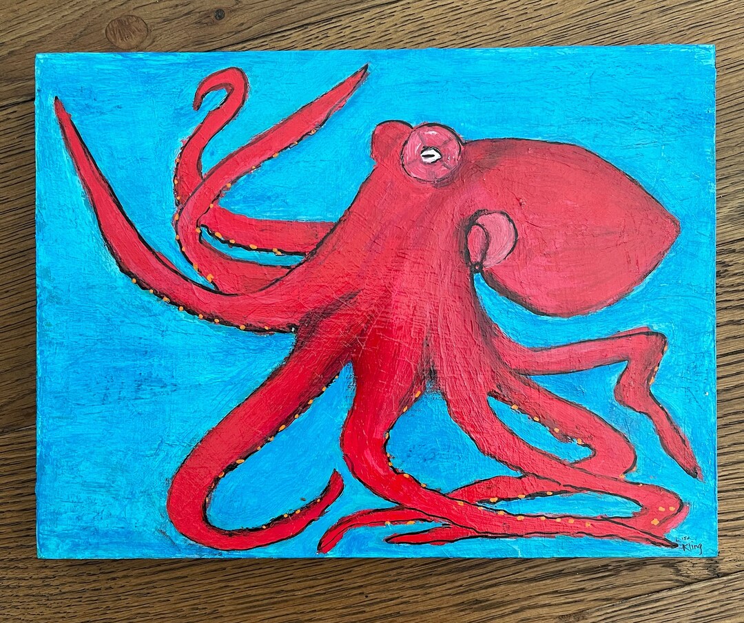 Red Octopus Painting, Acrylic Painting on Wood Birch Board, 9' X 12 ...