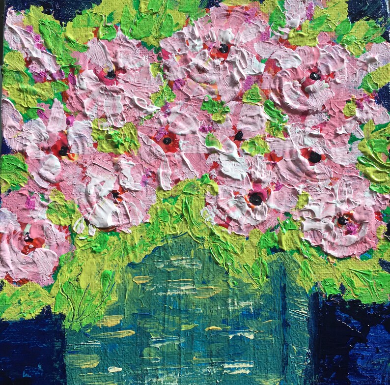 A vase of happy Pinks Flowers 6x6 Acrylic Painting