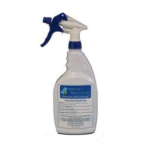 May include: A white plastic spray bottle with a blue trigger and a blue cap. The bottle is labeled "Nature's Neutralizer" and "Eliminates Odors Naturally!" The bottle is labeled "Household Multi-Use" and lists several uses for the product. The bottle is 32 ounces.