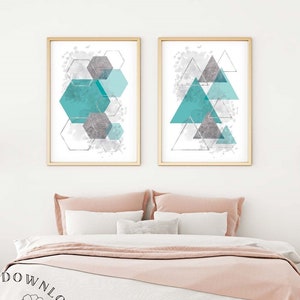 2 Panel Prints Geometric Turquoise Hexagon Triangle, Geometric Art Prints, Abstract Art, Teal Wall Art, Geometric Wall Art, Printable