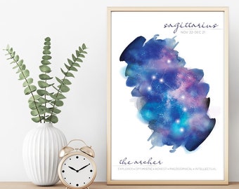 Sagittarius Zodiac Sign, Sagittarius Gift Print, Zodiac Gift Wall Art, Zodiac Poster, Constellation Print, Astronomy Art, Astrology Gifts