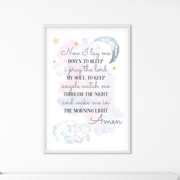 Now I Lay Me Down To Sleep Printable, Baptism Print, Christian Art, Catholic Poster, Nursery Decor, Bedtime Prayer Art for Boy or Girl Room