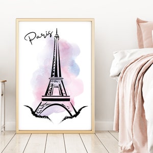 Paris Eiffel Tower Print, Eiffel Tower Printable, Travel Poster, Paris Wall Art, Digital Download, French Parisian Wall Decor, Watercolor