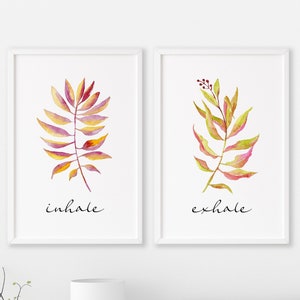 Inhale Exhale Minimalist Floral Boho Art, Watercolor Flower Bedroom Printable Set of two, Yoga Poster, Bathroom Decor, Zen Home Gym Print