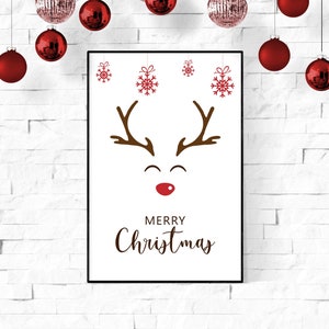Merry Christmas Reindeer, Cute Christmas Poster, Xmas Print, Holiday Decor, Mantle Decor, Printable Christmas Wall Art, Minimalist Art