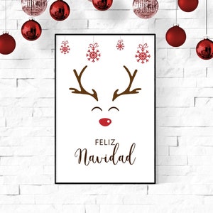 Feliz Navidad Reno, Cute Christmas Reindeer Poster, Xmas Print, Holiday Decor, Mantle Decor, Spanish Printable Christmas Wall Art