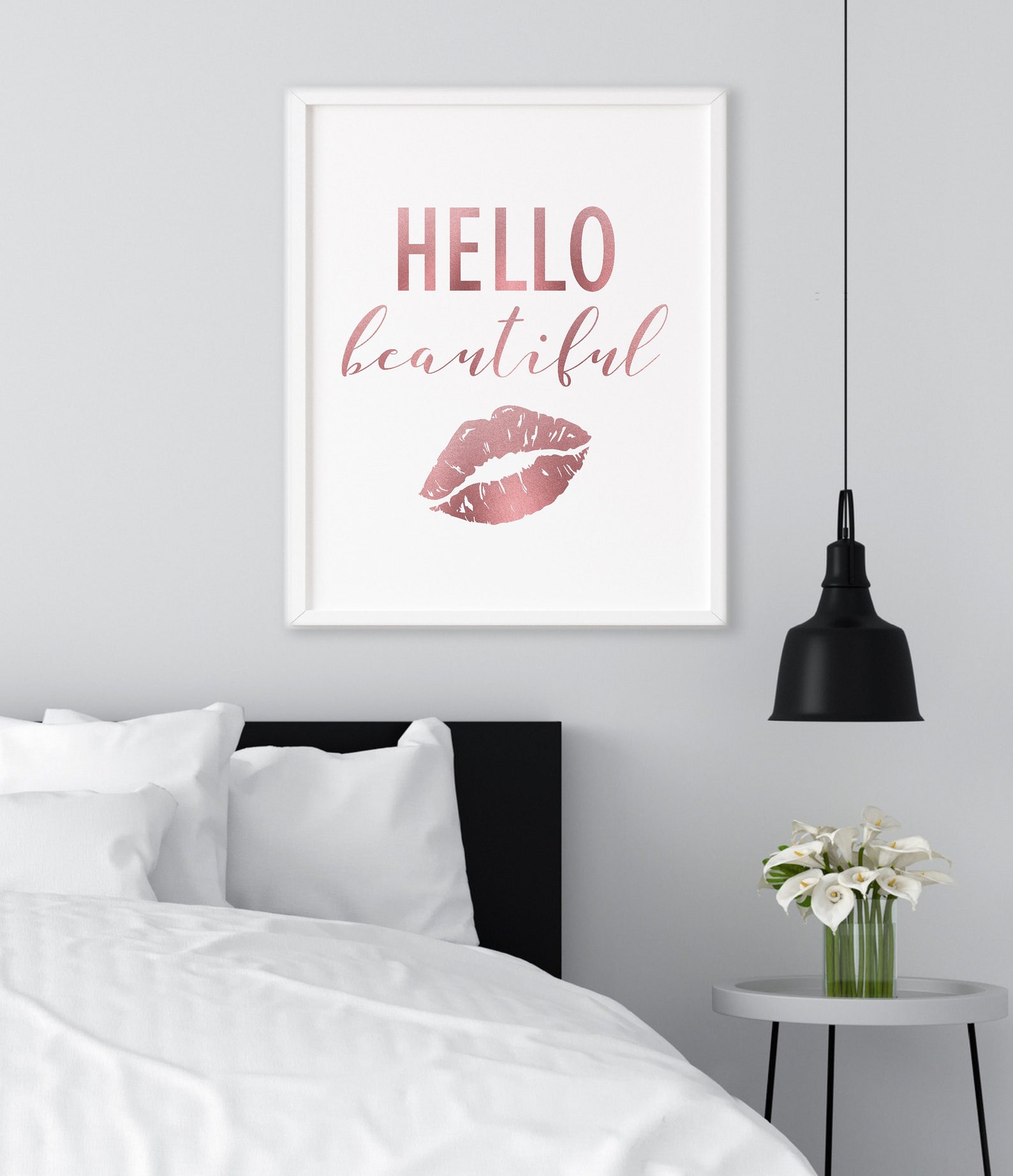 Hello Beautiful Wall Decor Printable Rose Gold Bedroom Decor Etsy