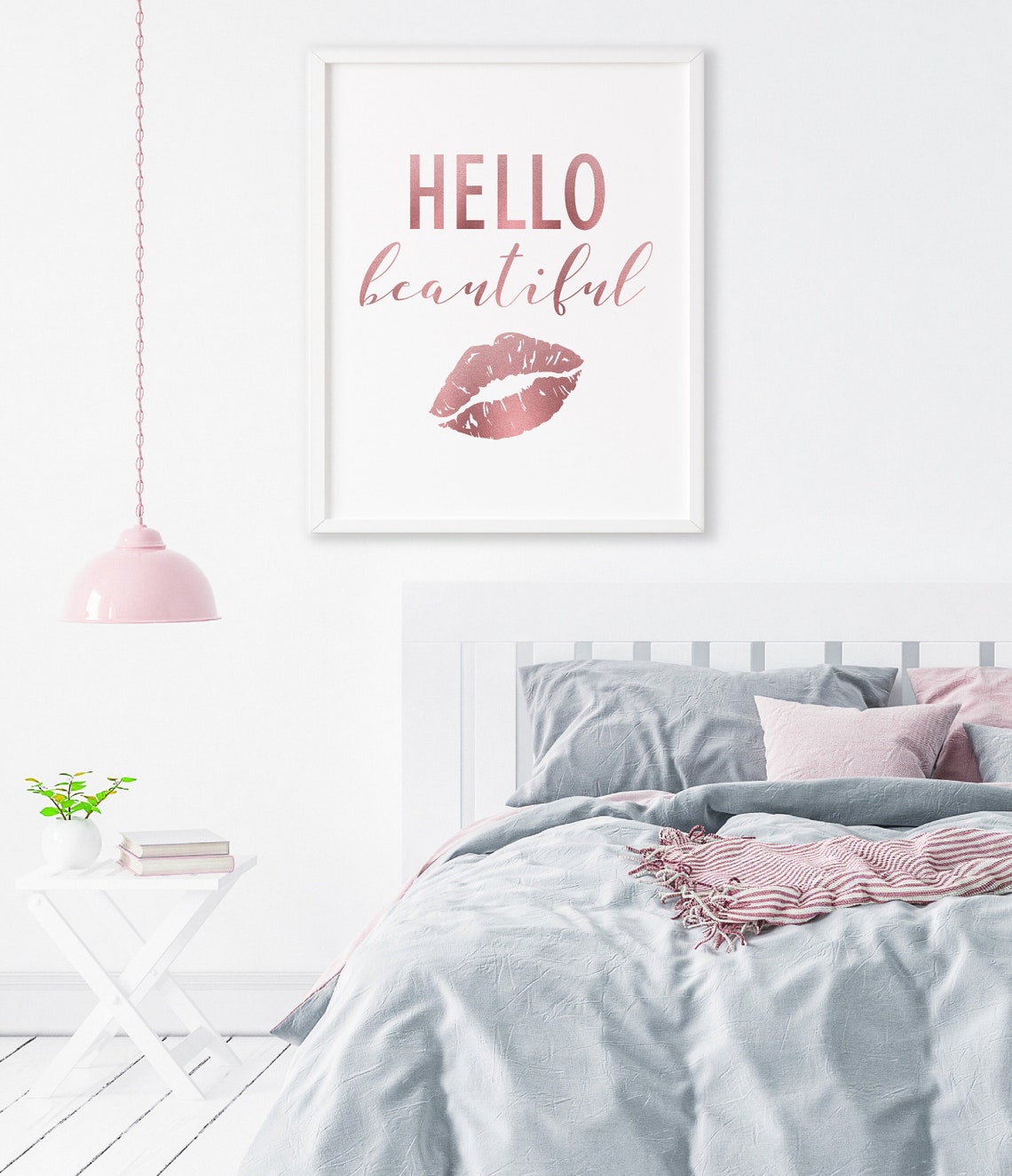 Hello Beautiful Wall Decor Printable Rose Gold Bedroom Decor Etsy