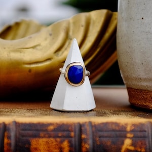 Free-Form Lapis Lazuli Ring with 14k Solid Gold and Hammered Sterling Silver | Custom Made-to-Order