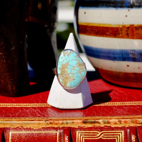 Large Number 8 Turquoise Statement Ring with Hammered Sterling Silver