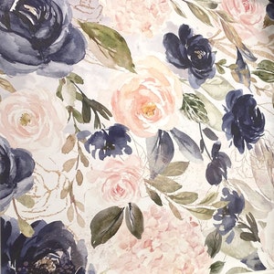 May include: A person on a ladder is installing a floral wallpaper with a white background and blue and pink flowers. The wallpaper has a watercolor effect.