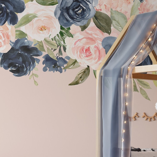 Removable Floral Border Wall Decal | Navy Blush HANNAH Girl Nursery Décor Watercolor Flowers Wall Mural