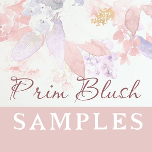 Puede incluir: Una pintura de acuarela de flores rosas y moradas con el texto "Prim Blush SAMPLES" en la parte inferior.