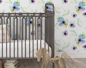 Lavender Floral Peel and Stick Wallpaper | Fabric Nursery Accent Wall Decor 0003-26