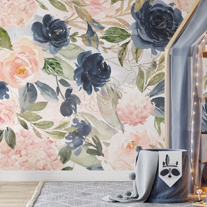 Floral Wallpaper, Mural Wallpaper, Moody Wallpaper, Blue Vintage Wallpaper, Peel and Stick or Traditional Wallpaper 0154-130