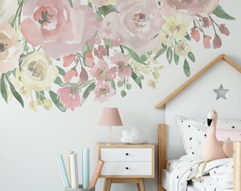 Floral BORDER Removable Wall Decals | LAINEY Nursery Girl Décor Watercolor Pink Yellow Lavender Watercolor Flowers Wall Mural