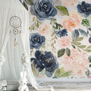 PREPASTED Matte Wallpaper NAVY BLUSH Floral Wall Décor Nursery Removable Wallpaper Watercolor Baby Girl Room Pink Blue Roses Flowers 0154