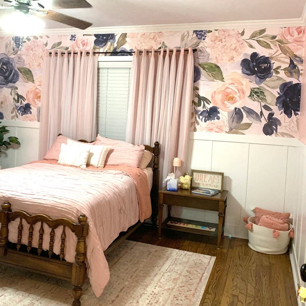 UNPASTED Traditional Wallpaper NAVY BLUSH S Blue Pink Watercolor Floral Nursery Wall Décor Mural pink peonies baby girl pink 0154S