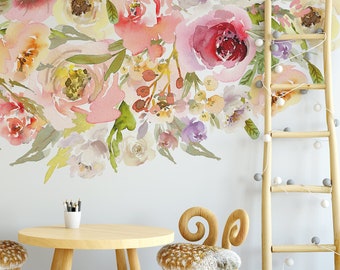 Removable Floral Border Wall Decal | SCARLETT Watercolor Flowers Girl Nursery, Pink Yellow Décor Mural