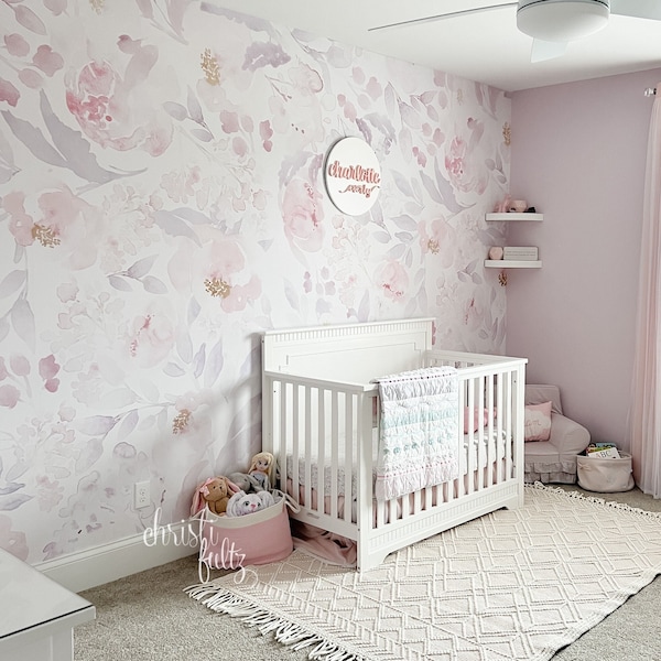 TRADITIONAL Unpasted Wallpaper PRIM BLUSH Floral Nursery Wall Décor Nursery wallpaper baby girl pink nursery 0155