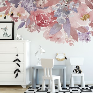 PRIM PINK Border Wall Decal Floral Nursery Watercolor Flowers Pink Lavender Wall Vinyl Fabric Graphics Girl Baby Room Roses Peonies