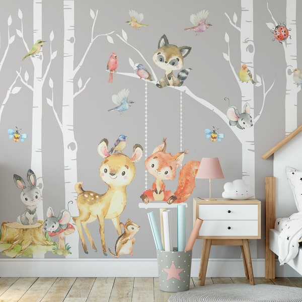 Woodland Nursery Décor 6 Birch Trees Forest Animals Fox Deer Raccoon Bunny Wall Decal Neutral Boy Girl Baby Room