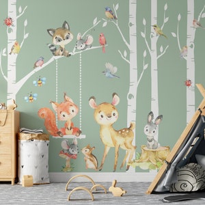 Woodland Nursery Decor 4 Birch Trees Forest Animals Fox Deer Raccoon Bunny Wall Decal Neutral Boy Girl Baby Room