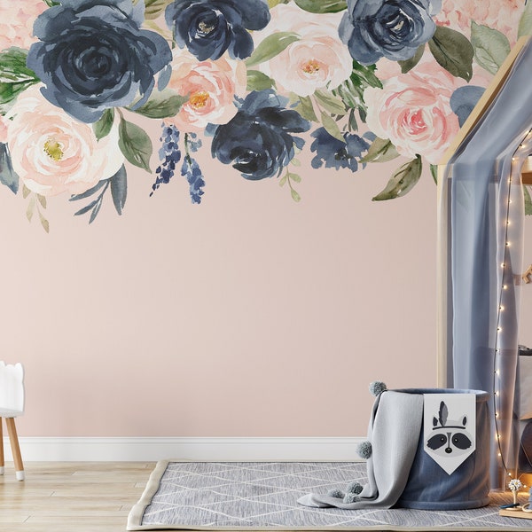 Navy Blush Collection HANNAH Border Wall Decal Nursery Décor Border Pink Navy Blue Watercolor Flowers Wall Mural Girl Baby Room