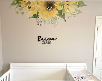 SUNFLOWER Bliss Floral Wall Decals | Yellow Flowers Girl Floral Nursery Décor Watercolor Sunflower Vinyl Fabric Wall Graphics