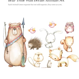 BEAR TRIBE Woodland Nursery Decor Forest Animals Tribal Bear with Bow and Arrow Fox Bunny Owl Peel n Stick Wall Decal Neutral Boy Girl Baby