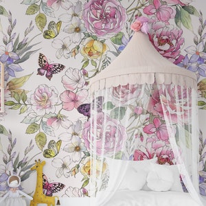 REMOVABLE Wallpaper DEMI Floral Wall Décor Nursery Wallpaper Peel and Stick Fabric Watercolor Baby Girl Room Roses Peonies Flowers 0214