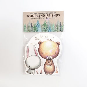 5 Woodland Friends Stickers SET Baby Animals Fox Bear Bunny Raccoon Deer Removable Reusable Fabric GIFT Stocking Stuffer Peel and Stick