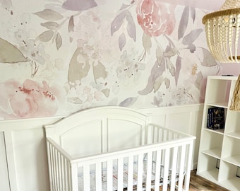 TRADITIONAL Unpasted Wallpaper PRIM GARDEN Floral Nursery Wall Décor Watercolor Flowers Nursery wallpaper baby girl pink nursery 0157
