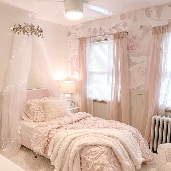 Removable CANVAS Wallpaper PRIM BLUSH Floral Nursery Wall Décor Nursery wallpaper peel and stick wallpaper baby girl pink nursery 0155