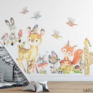 Woodland Nursery Decor Forest Animals Fox Deer Raccoon Bunny Wall Decal Neutral Boy Girl Baby Room Above Crib