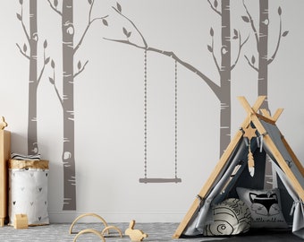 Wall Decal Trees Woodland Nursery Décor 6 Birch Trees Swing from Branch Forest Boy Girl Baby Room