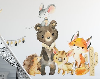 Woodland Nursery Décor Forest Animals Set 3 Bear Fox Pig Mouse Porcupine Wall Decal Neutral Boy Girl Baby Room