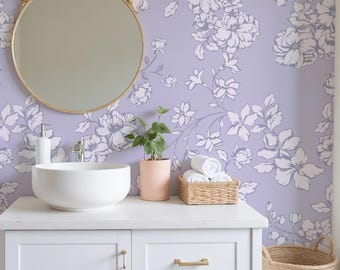 Lavender Bathroom Wallpaper, Floral Botanical Wallpaper, Vintage Wallpaper, Whimsical Powder Room Decor 0557-52