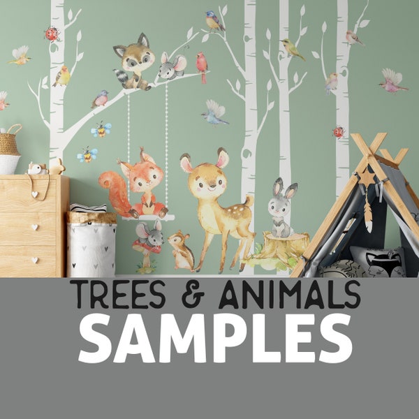 SAMPLES Woodland Nursery Decor Trees Forest Animals Fox Deer Raccoon Bunny Wall Decal Neutral Boy Girl Baby Room