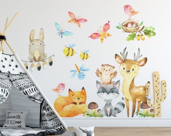 Watercolor Woodland Animals Wall Decals, Forest Nursery Decor SET 2