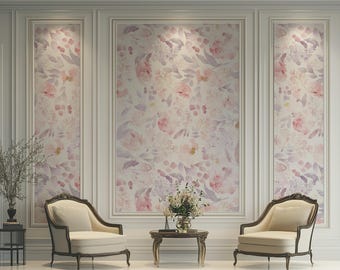 May include: Elegant interior design featuring floral wallpaper in soft pink and lavender hues. Two cream-colored armchairs with dark wood trim face each other. A small table with a floral arrangement sits between them, creating a sophisticated and inviting space.