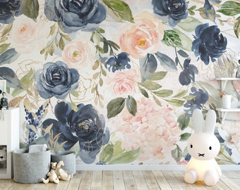 UNPASTED Traditional Wallpaper NAVY BLUSH Large Blue Pink Watercolor Floral Nursery Wall Décor Mural pink peonies baby girl pink 0154