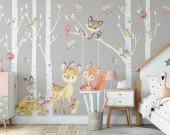 Woodland Nursery Wall Decals | 6 Birch Trees, Forest Animals, Removable Vinyl Baby Decor