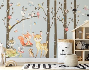 Watercolor Woodland Animals & 6 Birch Tree Wall Decals | Removable Nursery Decor