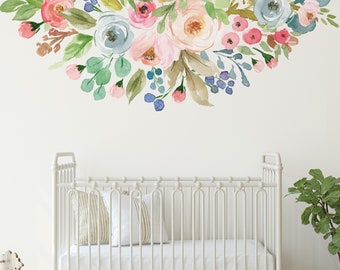 CARLY Floral Border Wall Decal, Removable Peel & Stick Fabric or Vinyl Nursery Décor Watercolor Flowers Pink Blue Flowers Baby Room Romantic