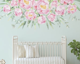 Watercolor Floral Wall Decal | Pink Peonies, Eucalyptus, Nursery Decor ASHLEY